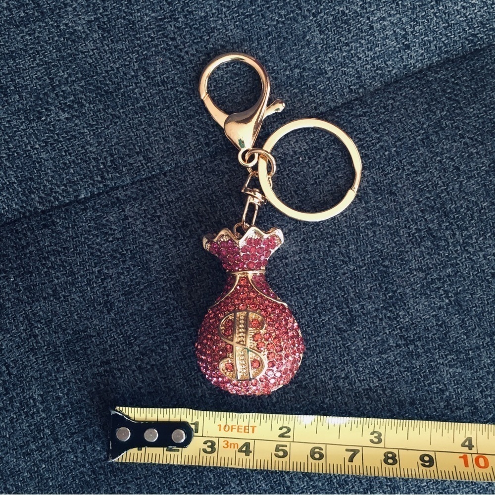 Pink Rhinestone + Gold Money Bag Bling Keychain, Purse Charm - Picture 12 of 17